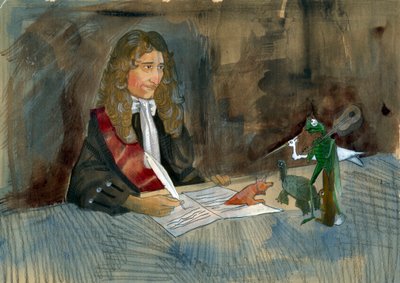 O escritor francês Jean de la Fontaine olhando para as suas personagens das suas fábulas Ilustração de Alessandro Lonati de Alessandro Lonati
