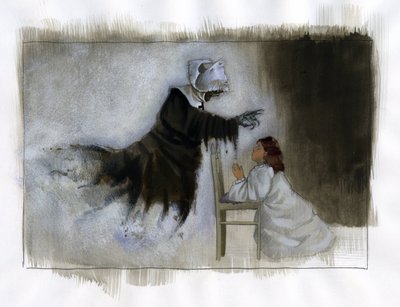 O fantasma de uma freira idosa de mãos tortas aparece a uma menina a rezar Ilustração de Alessandro Lonati de Alessandro Lonati