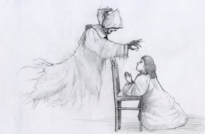 O fantasma de uma freira idosa de mãos tortas aparece a uma menina a rezar Ilustração de Alessandro Lonati de Alessandro Lonati