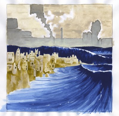 Ilustração do mito da ilha desaparecida sob o mar da Atlântida: vista do mar agitado após a erupção do vulcão que inundou a lendária ilha. Desenho colorido de Alessandro Lonati. de Alessandro Lonati