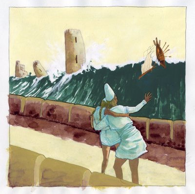 Ilustração do mito da ilha desaparecida sob o Mar da Atlântida (Atlantis): vista do tsunami que inundou a cidade grega da lendária ilha. Desenho colorido de Alessandro Lonati. de Alessandro Lonati