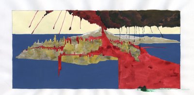 Ilustração do mito da ilha desaparecida sob o Mar da Atlântida: vista da erupção do vulcão que provocará o desaparecimento da lendária ilha. Desenho colorido de Alessandro Lonati. de Alessandro Lonati