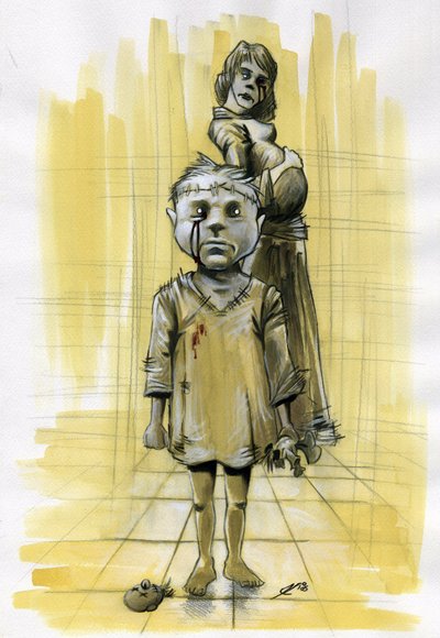 Ilustração ficção científica: zombies (espectro) ou espíritos fantasmas, evocando o pesadelo, mostra uma criança com o crânio cosido com uma boneca decapitada e, no fundo, uma mãe grávida. Ela também parece ter tido um acidente. Desenho de Alessandro Lonat de Alessandro Lonati