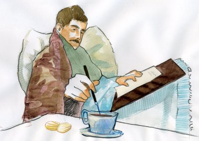 Marcel Proust como um homem doente a escrever com o chá da sua tia Elisabeth (tinta sobre papel) de Alessandro Lonati