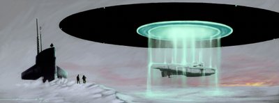 Encontro no Pólo Norte entre um submarino de submarino de submarino em "Uboot" e um disco voador (OVNI, OVNI ou extraterrestre) para a restituição de um submarino capturado por extraterrestres durante a guerra. Desenho por Alessandro Lonati de Alessandro Lonati
