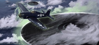 Fenómenos misteriosos: retratando o desaparecimento de um avião da Marinha dos EUA no triângulo das Bermudas nos anos quarenta. Uma lenda sugere que seria o trabalho de OVNIs (OVNIs ou alienígenas) aqui representados. Desenho de Alessandro Lonati de Alessandro Lonati