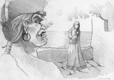 Pirata (corsário) das Caraíbas a ameaçar uma senhora numa fortaleza. Desenho de Alessandro Lonati. de Alessandro Lonati