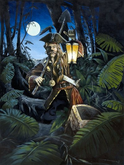 Pirata das Caraíbas com lanterna, à noite, escondendo o seu tesouro na floresta de uma ilha. Desenho colorido de Alessandro Lonati. de Alessandro Lonati