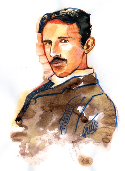 Retrato de Nikola Tesla inventor e engenheiro americano de origem sérvia (Retrato de Nikola Tesla inventor americano sérvio, engenheiro eléctrico, engenheiro mecânico, físico) de Alessandro Lonati