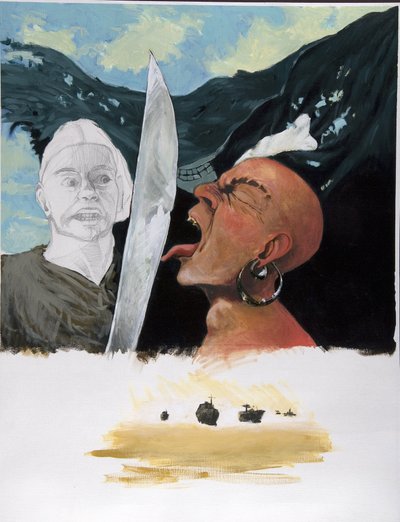 Retrato de um pirata (corsário) desafiando a espada do seu oponente, tocando-lhe com a língua com a alegre bandeira do roger no fundo. Desenho de estudo abaixo para barco fantasma (navio fantasma). Desenho a cores por Alessandro Lonati. de Alessandro Lonati