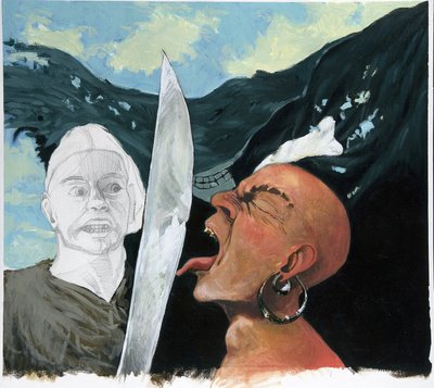 Retrato de um pirata (corsário) desafiando a espada do seu oponente, tocando-lhe com a língua. No fundo do alegre roger (caveira). Desenho colorido de Alessandro Lonati. de Alessandro Lonati