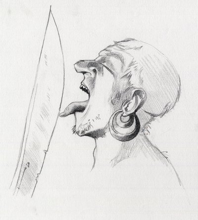 Retrato de um pirata (corsário) desafiando a espada ao tocar-lhe com a língua. Desenho de Alessandro Lonati. de Alessandro Lonati