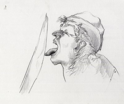 Retrato de um pirata (corsário) desafiando a espada ao tocar-lhe com a língua. Desenho de Alessandro Lonati. de Alessandro Lonati