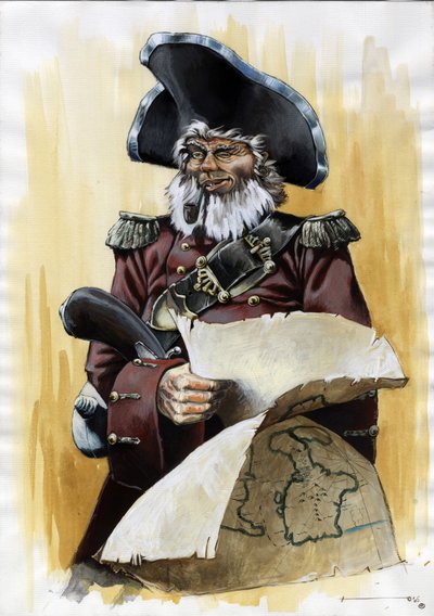 Retrato de um pirata (corsário) ou marinheiro usando um tricórnio com um mapa do tesouro nas suas mãos. Desenho a cores de Alessandro Lonati. de Alessandro Lonati