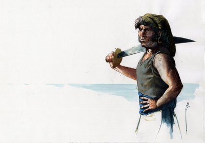 Retrato de um pirata (corsário) ou marinheiro com uma espada a olhar para o mar. Desenho a cores de Alessandro Lonati. de Alessandro Lonati