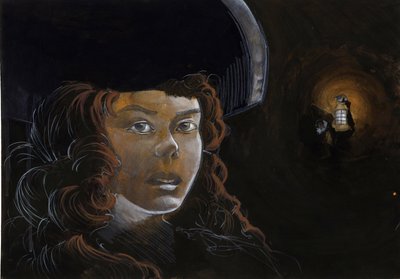 Retrato de uma mulher pirata (corsário) ou marinheiro na noite, iluminado por uma lanterna de outro pirata. Desenho a cores de Alessandro Lonati. de Alessandro Lonati