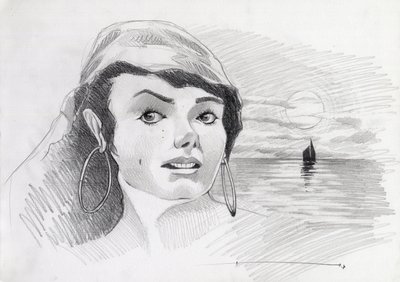 Retrato de uma mulher pirata das Caraíbas (ou corsário), com o pôr-do-sol no horizonte. Desenho de Alessandro Lonati. de Alessandro Lonati