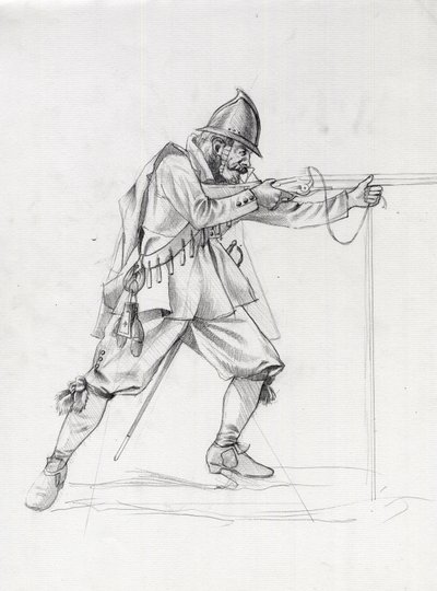 Retrato de um soldado de navio do século XVII a colocar-se numa posição de tiro. Desenho de Alessandro Lonati. de Alessandro Lonati