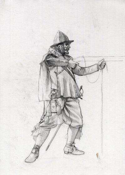 Retrato de um soldado de navio do século XVII a colocar-se numa posição de tiro. Desenho de Alessandro Lonati. de Alessandro Lonati