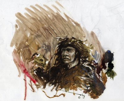 Pré-história: representação de um homem do Neandertal ou Neandertal no Paleolítico Médio. Desenho de Alessandro Lonati de Alessandro Lonati