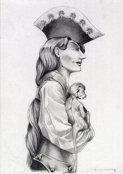 Retrato de perfil de uma mulher pirata das Caraíbas (corsário), com um macaquinho nos braços. Desenho de Alessandro Lonati. de Alessandro Lonati
