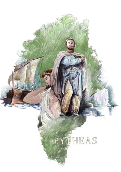 Representação do explorador grego Pytheas de Massalia, século IV a.C. (Retrato de Pytheas de Massalia geógrafo e explorador grego, século IV a.C.) Ilustração de Alessandro Lonati de Alessandro Lonati