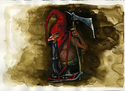 Representação de um Red Cap (boné vermelho, pó ou dunter, Red-Bonnet) criatura malévola lendária da família Goblin do folclore britânico - (redcap, anão assassino malévolo, duende, duende ou fada encontrada no Folclore de Fronteira) Ilustração de Alessandr de Alessandro Lonati