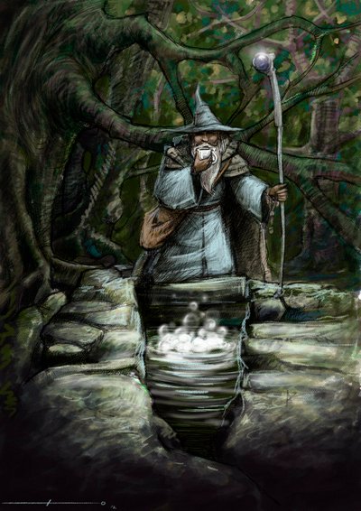 Representação de um druida a beber na maravilhosa fonte do Barenton, na floresta de Broceliande - Ilustração de Alessandro Lonati - 2012 - de Alessandro Lonati