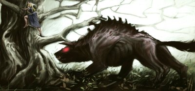 Representação do lendário bete de Gevaudan atacando uma menina empoleirada numa árvore. Ilustração de Alessandro Lonati, 2010. de Alessandro Lonati