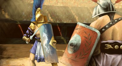 Arte romana: duelo de gladiadores entre um gladiador mirmillo (esquerda) e uma trácia num anfiteatro. Desenho de Alessandro Lonati de Alessandro Lonati