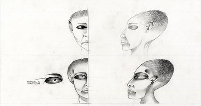 Ilustração de ficção científica (ficção científica): estudo da face de um alienígena ou extraterrestre (alienígena ou extraterrestre) do planeta Marte para a conquista do espaço ou universo. Desenho de Alessandro Lonati de Alessandro Lonati