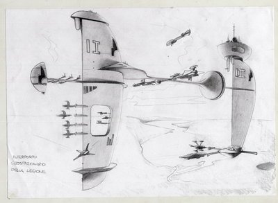 Ilustração de ficção científica: base espacial no universo com naves. Desenho de Alessandro Lonati de Alessandro Lonati