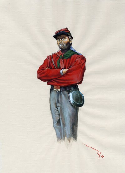 Segundo Império (1852-1870): Unificação italiana (Risorgimento), oficial voluntário do exército Garibaldi conhecido como combatente da "camisa vermelha" pela causa de Giuseppe Garibaldi (1807-1882) em Itália de Alessandro Lonati