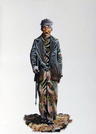 Segunda Guerra Mundial: um membro da Resistência Italiana (maquis ou guerrilheiros, partidários) (Resistenza Italiana), vestindo um fato de camuflagem e arma com uma metralhadora. 1943-1945. Ilustração de Alessandro Lonati de Alessandro Lonati