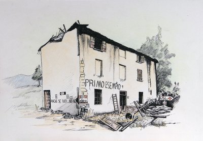 Segunda Guerra Mundial: vista de uma casa em ruínas na Itália ocupada. Desenho de Alessandro Lonati de Alessandro Lonati