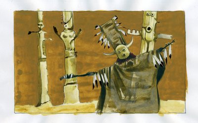 Xamanismo: cerimónia espiritual centrada na mediação entre seres humanos e espíritos da natureza - xamã e os seus totens Ilustração de Alessandro Lonati de Alessandro Lonati