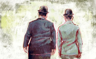 Stan Laurel e Oliver Hardy marchando em direcção ao horizonte (ilustração) de Alessandro Lonati