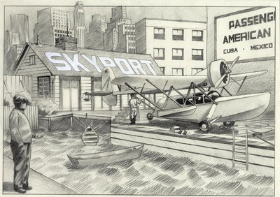 EUA, Nova Iorque: vista do aeroporto marítimo com um hidroavião à espera de descolagem na década de 1950. Desenho de Alessandro Lonati de Alessandro Lonati