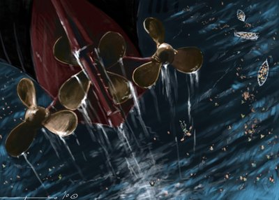 Vista dos helices do transatlântico Titanic na altura do naufrágio a 14 e 15 de Abril de 1912. Ilustração de Alesandro Lonati. 2010 de Alessandro Lonati