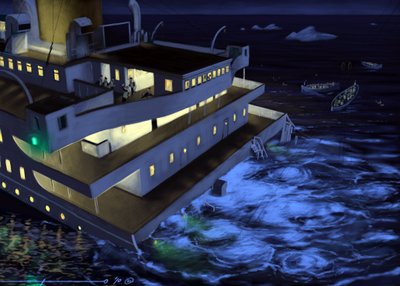 Vista do transatlântico Titanic na altura do naufrágio a 14 e 15 de Abril de 1912. Ilustração de Alesandro Lonati. 2010 de Alessandro Lonati