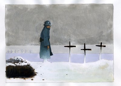 Primeira Guerra Mundial: um soldado francês numa sepultura de guerra a olhar para as cruzes de Alessandro Lonati