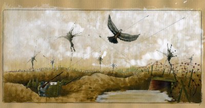 Primeira Guerra Mundial: um pombo de passageiros com uma mensagem dirigida por um soldado alemão numa trincheira que procura recuperar uma mensagem 1914-1918 (Primeira Guerra Mundial: um soldado alemão a disparar contra um pombo-correio com uma mensagem de Alessandro Lonati