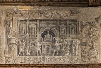 Produções teatrais comissariadas pela academia, Salão do vestíbulo (fresco monocromático) de Alessandro Maganza