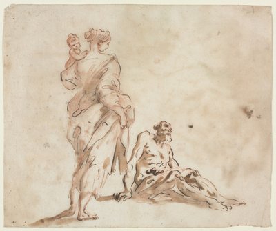Uma mulher em pé segurando uma criança, um homem sentado aos pés, primeira metade do século XVIII. de Alessandro Magnasco