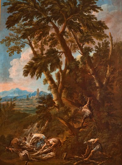Paisagem com lavadeiras e lenhadores de Alessandro Magnasco