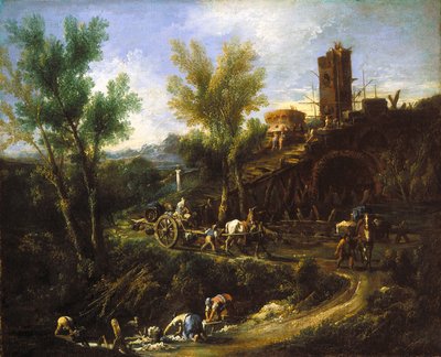 Paisagem com ciganos e lavadoras de roupa (óleo sobre tela) de Alessandro Magnasco