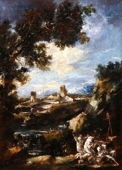 Paisagem com Frades Carmelitas Rezando num Santuário de beira de estrada, c.1720 (óleo sobre tela) de Alessandro Magnasco