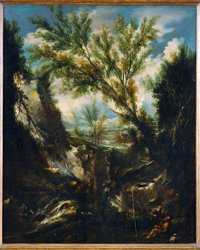 Paisagem tempestuosa com o Profeta Elias e São Jerónimo, Padrinho da Igreja (pintura sobre tela) de Alessandro Magnasco