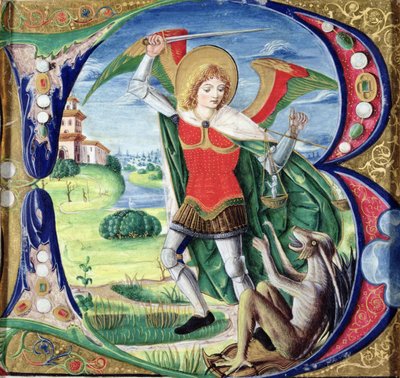 Historiated inicial &39;B&39; representando St. Michael e o Dragão, 1499-1511 de Alessandro Pampurino