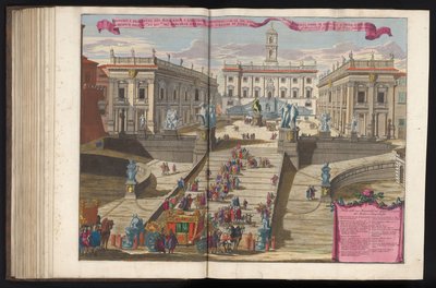 Armadilha na Piazza del Campidoglio te Rome Desenho e elevação do moderno Campidoglio romano (...) (título no objeto) de Alessandro Specchi